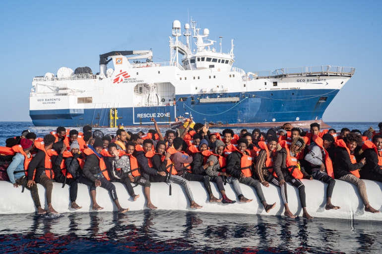 Mediterranean Sea near to Libya, 23 April 2022, more than 100 survivors wait on their rubber dinghy wearing life jackets handed out by the organisation, Doctors Without Borders. The survivors were from different countries including Eritrea, Ethiopia, Burkina Faso, Benin, Gambia, Egypt, Niger, Senegal and North Sudan. C