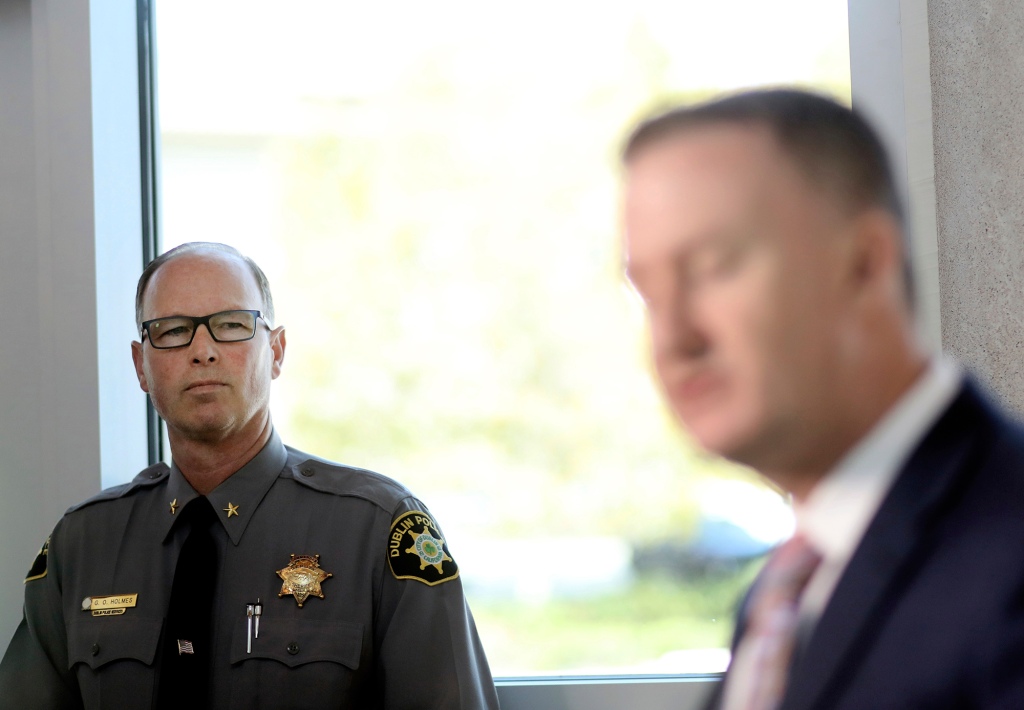 Dublin Police Chief Garrett Holmes, left, and Alameda County Sheriff Sgt. Ray Kelly, right, take part in a press conference announcing the arrest of Devin Williams Jr. on Sept. 7, 2022 in Dublin, California.