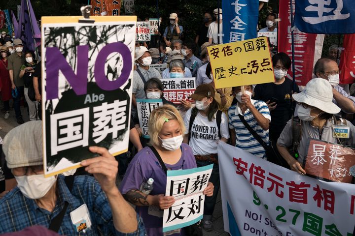 People gather outside the National Diet building to protest against the state funeral of former Japanese Prime Minister Shinzo Abe on Sept. 27, 2022, in Tokyo.