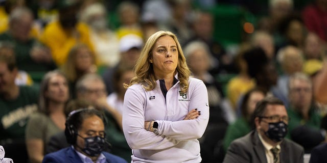 Head Coach Nicki Collen of the Baylor Bears watches from the sidelines at the first round of the 2022 NCAA Women's Basketball Tournament against the Hawai'i Rainbow Wahine held at the Ferrell Center on March 18, 2022 in Waco, Texas. 