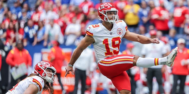 Matt Ammendola (19) of the Kansas City Chiefs kicks during a game against the Indianapolis Colts at Lucas Oil Stadium Sept. 25, 2022, in Indianapolis. 