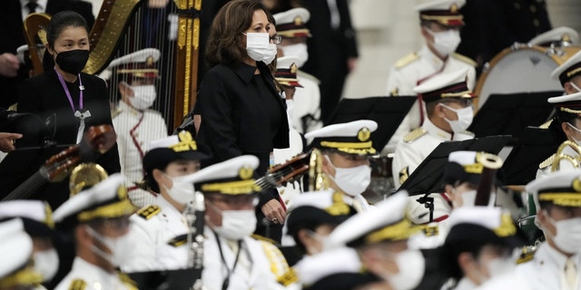 Vice President Kamala Harris attends the state funeral for Japan's former prime minister Shinzo Abe in the Nippon Budokan in Tokyo on September 27, 2022.