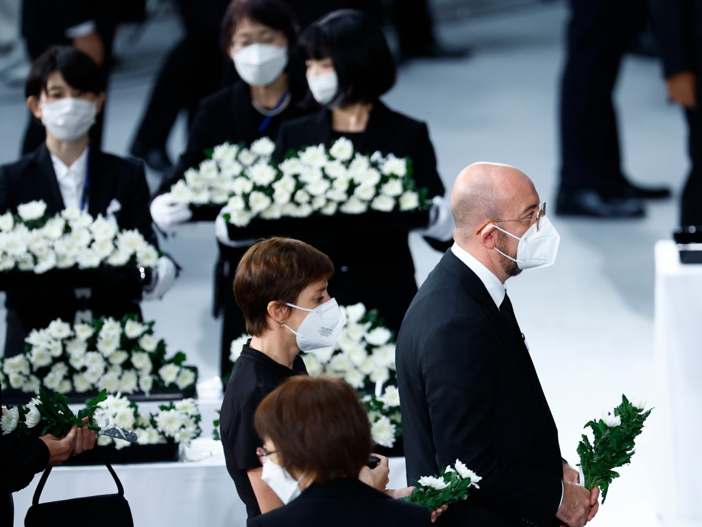 European Council President Charles Michel, right, attends a state funeral for former Japanese Prime Minister Shinzo Abe in Tokyo on Sept. 27, 2022.