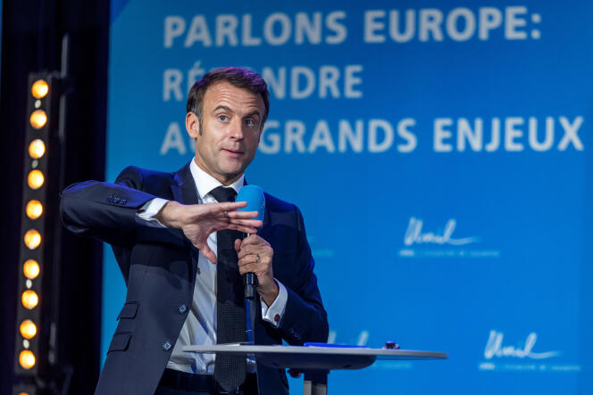 French President Emmanuel Macron delivers his statement during a public conference on the theme 